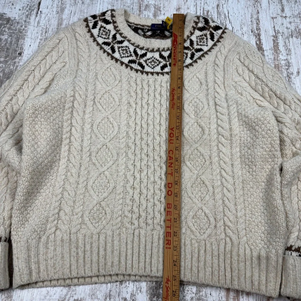 Polo Ralph Lauren 100% Wool Cable Knit Fair Isle Sweater Cream XXL Mens Nordic